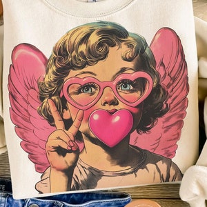 Retro Cupido Valentijnsdag blazende zeepbel png, vintage Valentijnsdag png, grappige cupido met zonnebril png, Valentijnsdag, cupido png