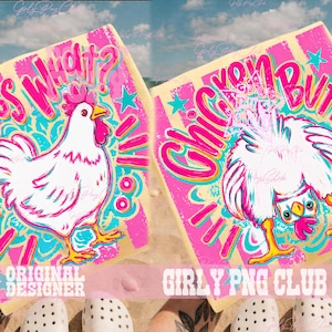 May include: Two beach towels with a whimsical chicken design. One towel features a white chicken with the text "Guess What?" in pink and blue. The other towel shows a chicken's rear with the text "Chicken Butt" in pink and blue.