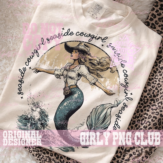 Retro Seaside cowgirl Mermaid summer shirt PNG, Summer western png, Preppy girly summer vintage shirt png, smaltown summer png
