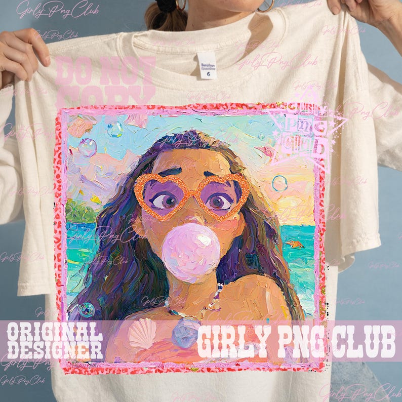 May include: White t-shirt featuring a colorful graphic of a woman with heart-shaped glasses blowing a bubble. The artwork includes ocean and bubble details, with the text "DO NOT WORRY" and "GIRLY PNG CLUB".