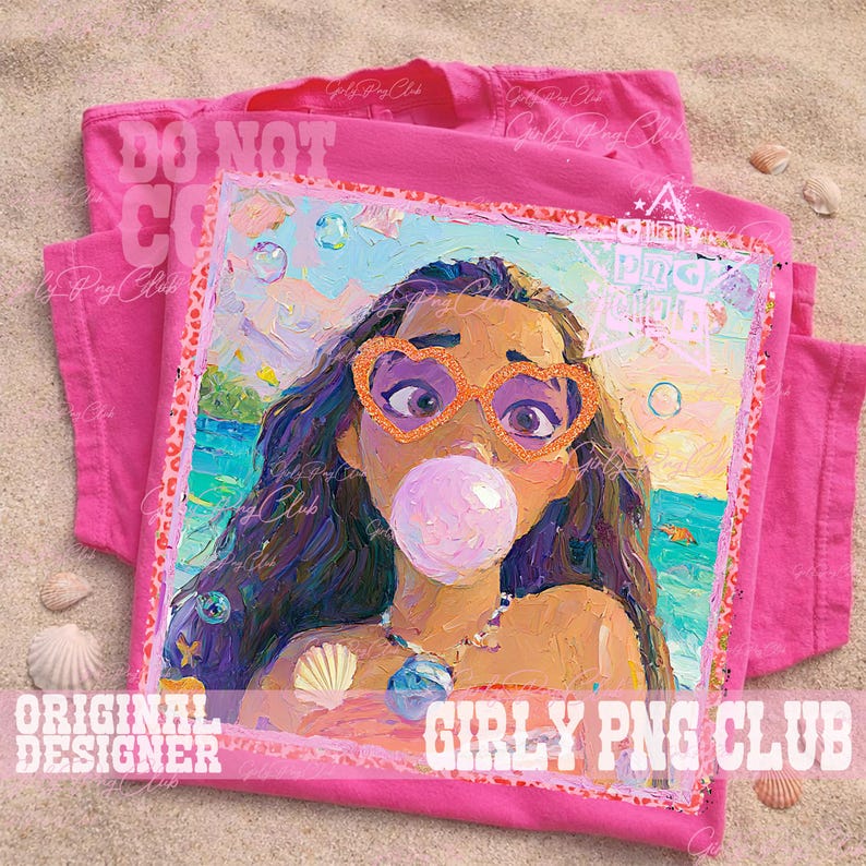 May include: A pink t-shirt featuring a colorful, impressionistic portrait of a person wearing heart-shaped glasses and blowing a bubble. The artwork has a beach theme with seashells and a tropical landscape. The text "GIRLY PNG CLUB" is visible.