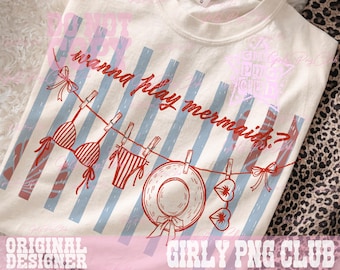 Gestreepte meisjesachtige zomer png, wil zeemeermin spelen png, meisjesachtige esthetiek png, trendy zomershirtontwerp