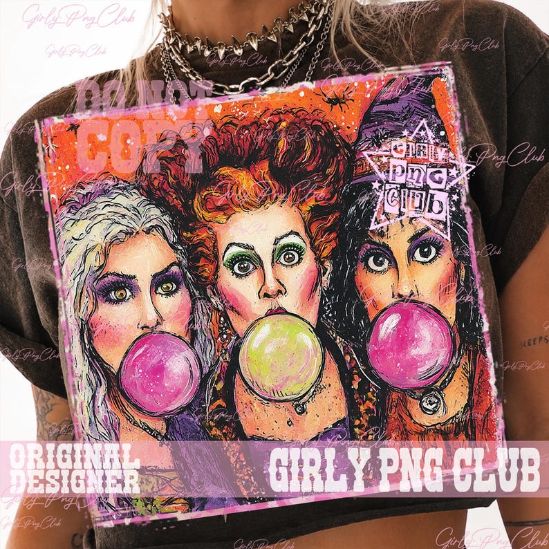 May include: A dark brown t-shirt featuring a graphic print of three women with stylized hair and makeup, each blowing a large bubble with gum. The print includes a star shape with the text GIRLY PNG CLUB and an orange and pink background.