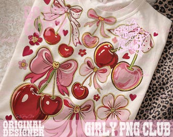 Disegno a sublimazione Boho Cherry Coquette Png, Maglietta Preppy Cherry PNG, Boho Floral Berry Png, File png estivi Summer Cherry 2026