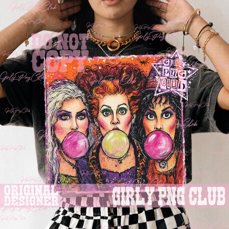May include: A black t-shirt featuring a graphic print of three women with distinct hair colors blowing bubblegum bubbles. The design includes an orange background, a star-shaped logo with the text GIRLY PNG CLUB, and a checkered pattern at the bottom.