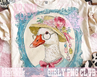 Floral Coquette Spring Easter Goose Png, Vintage Thrifted Goose Png, CottageCore Oval Frame Goose PNG