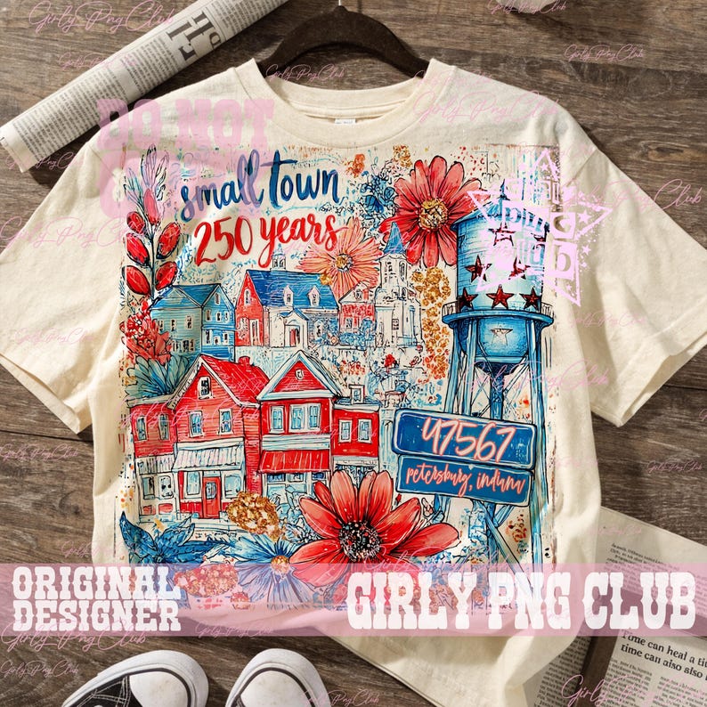 May include: Cream-coloured t-shirt with a colourful illustration of a small town, red houses, a blue water tower, and the text "small town 250 years". The design includes flowers and the text "47567 Petersburg, Indiana".