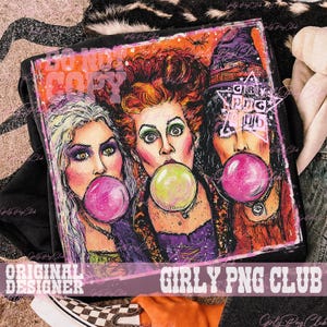 May include: A black sweatshirt featuring a colorful graphic print of three women with distinct hair colors and styles, each blowing a large bubble with pink or green gum. The design includes the text Girly Png Club and Do Not Copy.
