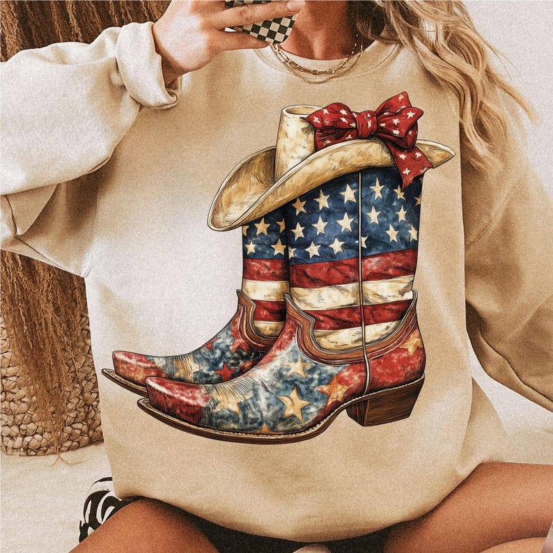 May include: A beige sweatshirt with a graphic print of cowboy boots with a red, white, and blue American flag design. The boots have a cowboy hat on top with a red bow.