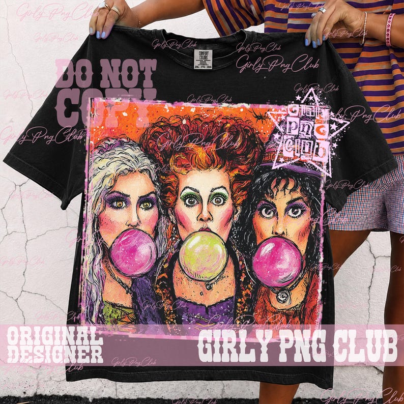 May include: A black t-shirt featuring a graphic print of three women with distinct hairstyles, each blowing a large bubble with pink, green, and pink bubblegum. The design includes a star shape and the text Girly Png Club in a stylized font.