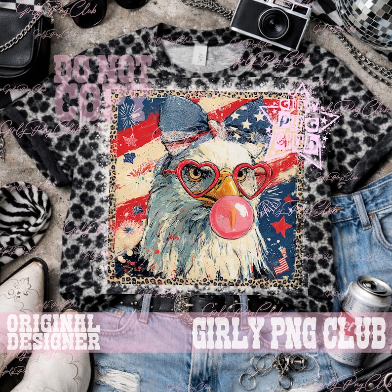 May include: A cropped t-shirt with a leopard print pattern and a graphic of an eagle wearing heart-shaped glasses and blowing a bubble. The eagle is set against a backdrop of the American flag. The text "DONOT COPY" is visible on the shirt.