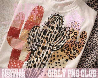 Coup de pinceau Cactus PNG ensemble, Western Cowgirl Desert Graphics, motifs à carreaux léopard à pois, sublimation de cow-boy