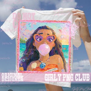 May include: White t-shirt featuring a colorful illustration of a woman blowing a bubble. The woman is wearing heart-shaped glasses and a necklace. The shirt has the text "DO NOT" and "GIRLY PNG CLUB".