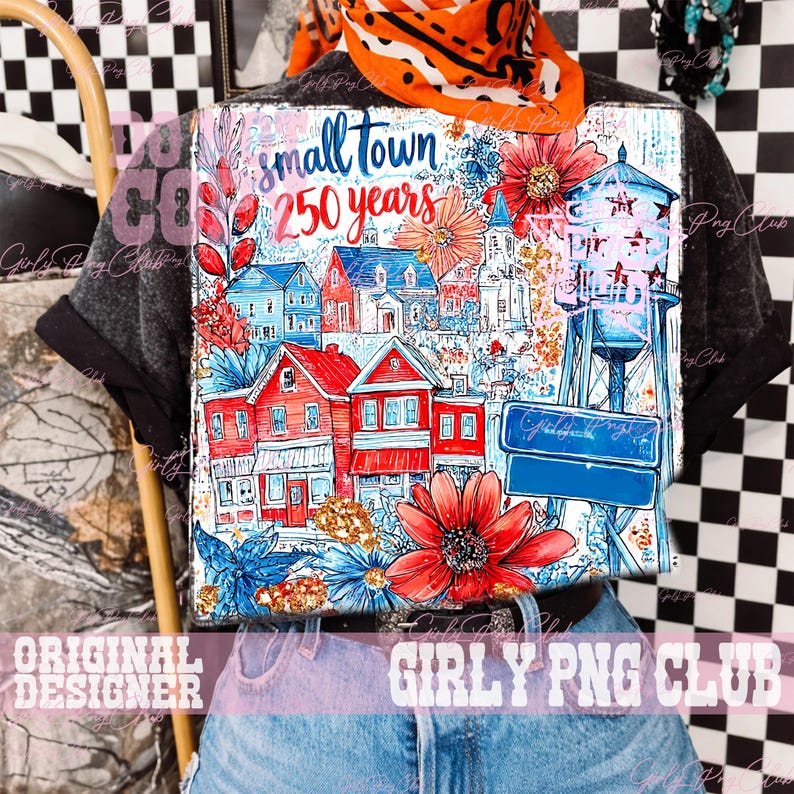 May include: A t-shirt with a vibrant graphic depicting a small town scene. The design includes red houses, blue details, and floral motifs. The text reads "small town 250 years". A water tower and street signs are also visible.