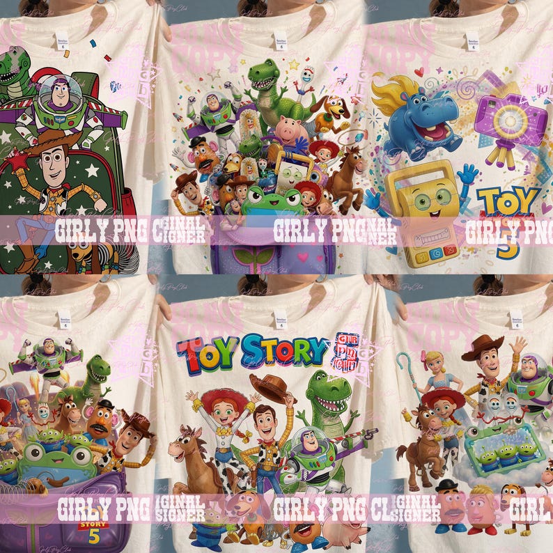 Puede incluir: Una camiseta blanca con un estampado gr&aacute;fico colorido de varios personajes de Toy Story, incluidos Woody, Buzz Lightyear y Rex, con el logotipo de Toy Story y formas similares a confeti sobre la tela.