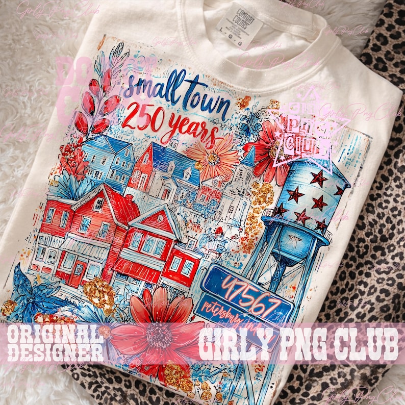 May include: Off-white t-shirt with a vibrant print of a small town scene, including red and blue houses, a water tower, and floral details. The text "small town 250 years" is above the town illustration. A street sign displays the number "47567".