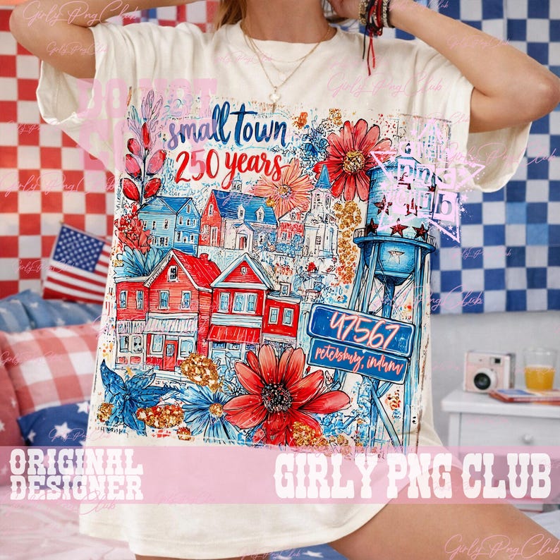 May include: A cream-coloured t-shirt with a vibrant illustration of a small town, featuring red, blue, and white buildings, flowers, and a water tower. The text "small town 250 years" is displayed. The town's postcode, 47567, is also visible.