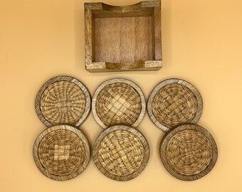 6pc wood + water hyacinth coasters - unique handmade design from Mexico