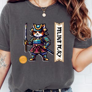 Samurai Cat Tee, Feline Fury Cartoon Shirt, Funny Kitty Graphic Top, Japanese Warrior Cat T-Shirt, Short Sleeve Unisex Tee for Cat Lovers