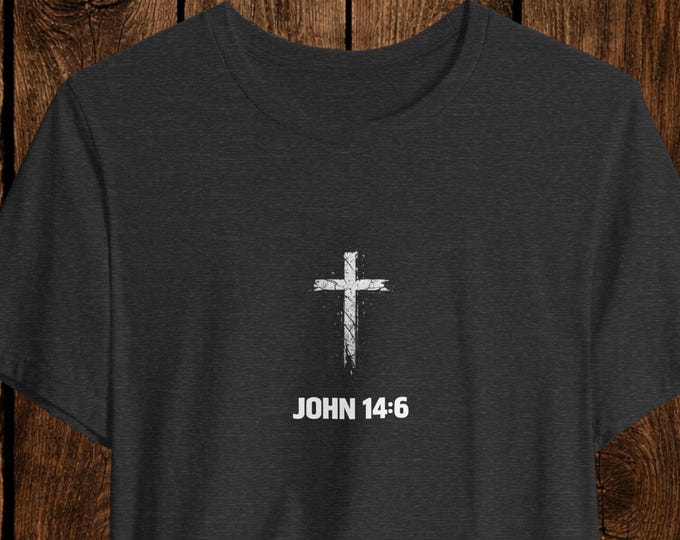 Mens Minimalist Christian Cross Tee | John 14:6 Scripture Shirt