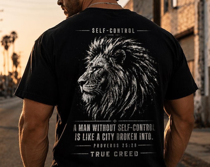 Bold Lion T-Shirt Proverbs 25:28 Self-Control Tee, Vintage Apparel, Faith-Based
