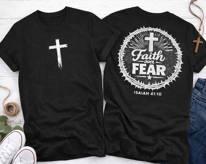 Faith Over Fear Cross Tee | Christian Isaiah 41:10 Heathered Shirt