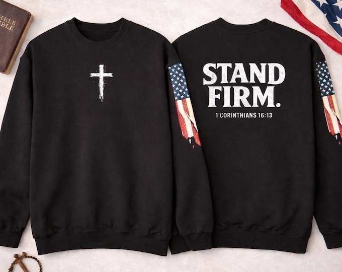 Stand Firm Cross Comfort Colors Crewneck | Christian Sweatshirt with American Flag Sleeve