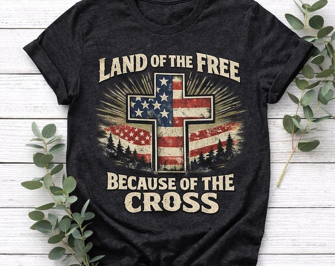 Land of the Free Cross T-Shirt | American Flag Christian Apparel