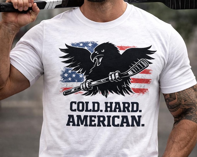 Cold Hard American Patriotic Hockey Tee | Rugged Flag background
