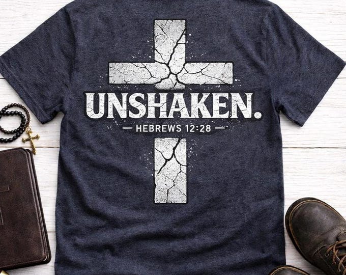 Unshaken Cross Tee | Heathered Bella canvas Scriptural Hebrews 12:28 Christian T-Shirt