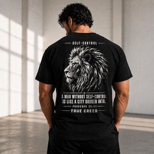 T-shirt met de tekst "Zelfbeheersing Leeuw van Juda", geverfde christelijke streetwear | Spreuken 25:28
