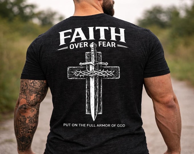 Faith Over Fear cross dagger Tee | Masculine Christian Faith over Fear T-shirt | Heathered Bella Canvas