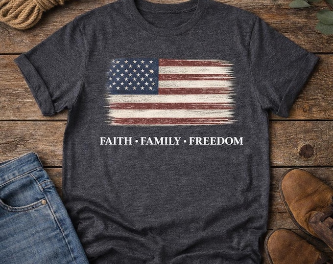 Faith Family Freedom Distressed T-Shirt | Heathered American Flag Design