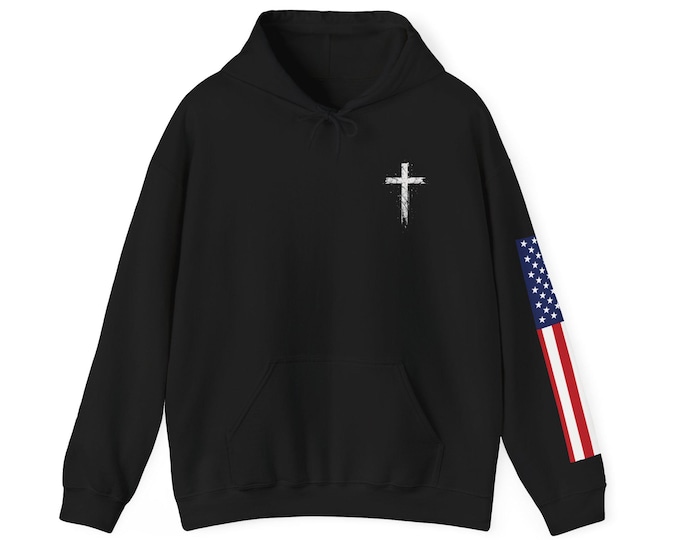 Cross and Scripture Hoodie | Christian Hoodie with American Flag Sleeve