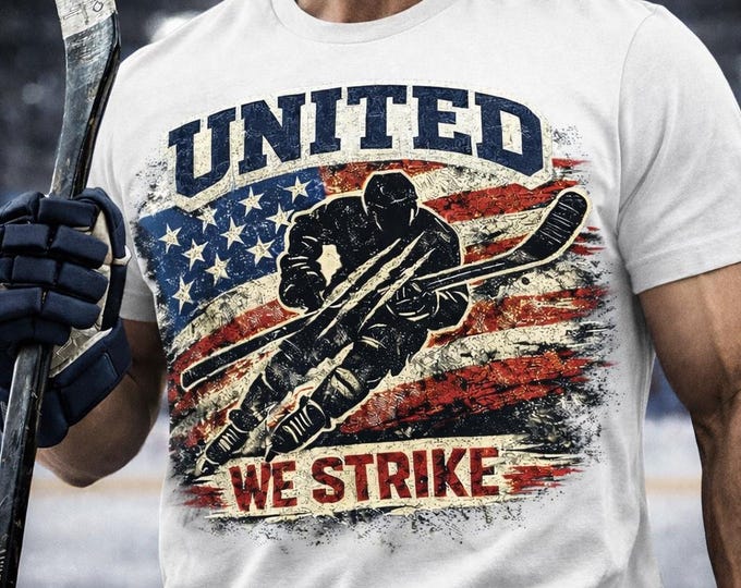 United We Strike Patriotic Hockey T-Shirt | American Flag Hockey Graphic