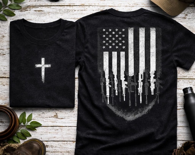 Distressed American Flag Rifles T-Shirt | Patriotic Bella Canvas Tee
