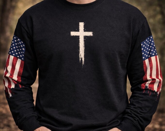 Distressed American Flag Long Sleeve | Christian Cross Shirt