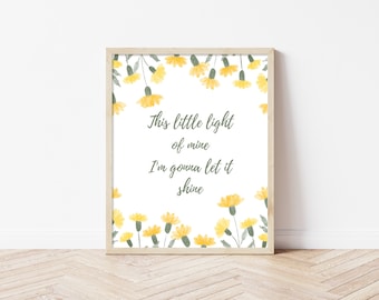 Stampabile "This Little Light of Mie" - Decorazione murale cristiana per la cameretta dei bambini, decorazione con fiori di campo gialli, download digitale basato sulla fede