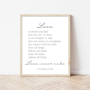 Liefde is geduldig en vriendelijk schrift afdrukbaar kunstwerk, huwelijksafdruk, Bijbelvers liefdescitaat, I Corinthians 13, minimalistisch huwelijksdecor