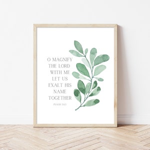 Minimalist Bible Verse Print – “Magnify the Lord with Me” Psalm 34:3 – Christian Wall Art Printable – Eucalyptus Scripture Decor