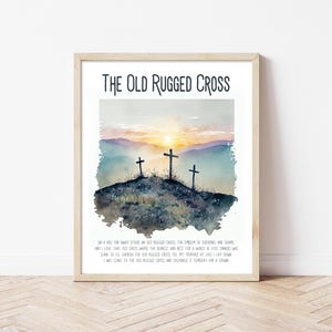 The Old Rugged Cross Hymn Art Print - Christian Digital Download, Sunset Cross Wall Art, Watercolor Faith Wall Decor