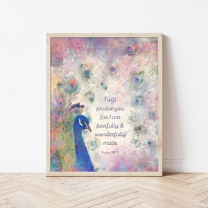 Art mural paon verset de la Bible - Psaume 139:14 « effrayé et merveilleusement fabriqué » imprimable - Écriture chrétienne aquarelle en téléchargement numérique
