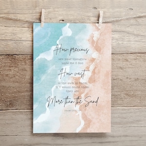 Beach Bible Verse Wall Art – “How Precious Are Your Thoughts” Psalm 139:17-18 – Christian Watercolor Digital Download Printable