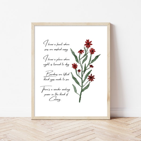 I know a fount hymn wall art print, Christian digital download, minimalist artwork, home decor, floral printable, inspirational truth, quote