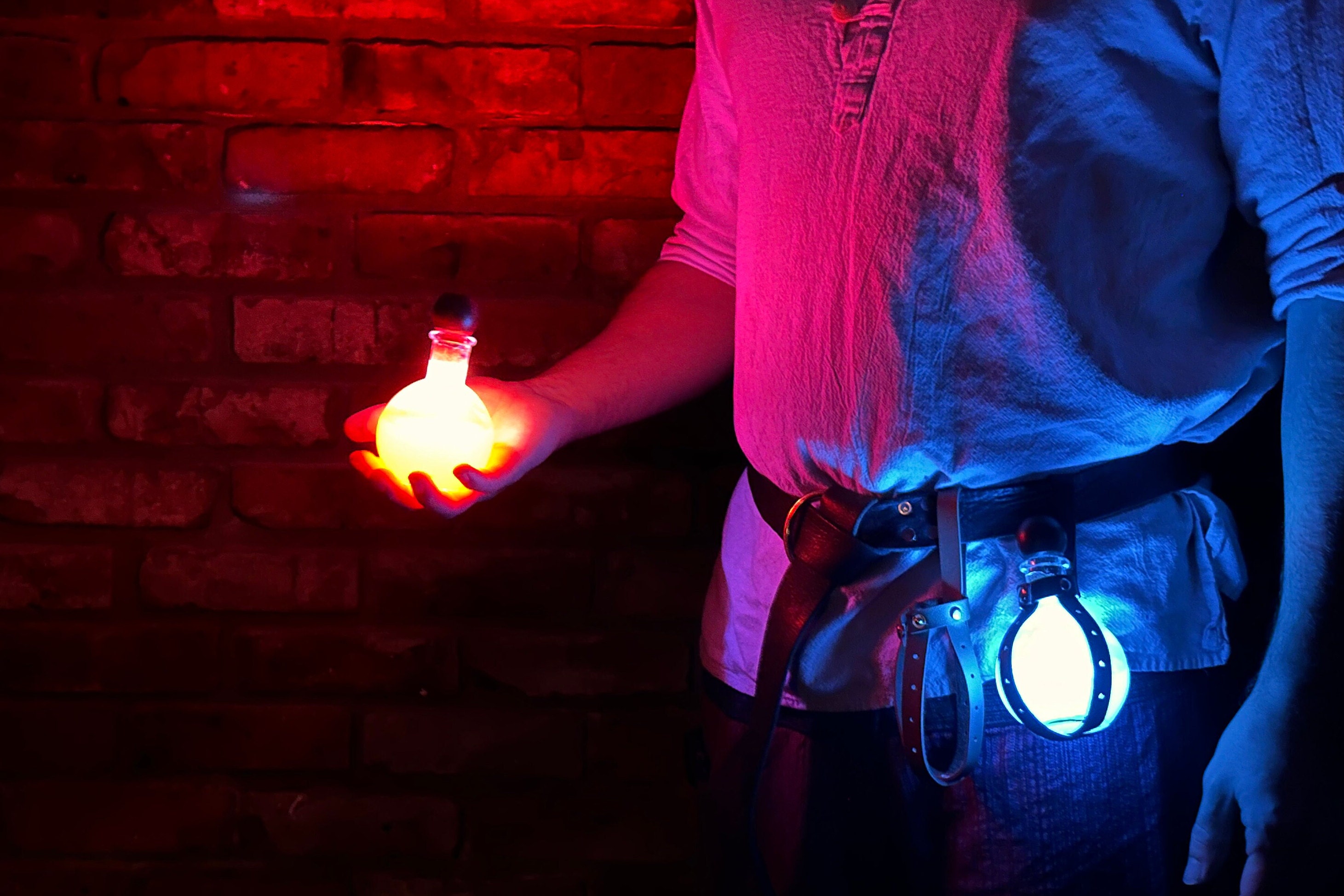 Glowing Light Elixir in Medium Potion Bottle with Leather Holster, USB Rechargeable