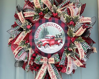 Red Truck Christmas Wreath, Red Truck, Red Truck Wreath, Red Truck Decor, Farmhouse Wreath, Front Door Wreath