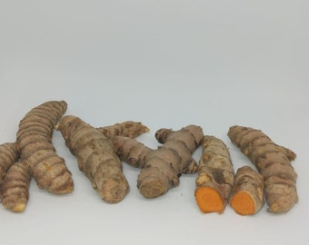 Könnte beinhalten: Nahaufnahme von mehreren Kurkumawurzelstücken, einige mit Schale und andere aufgeschnitten, um das leuchtend orangefarbene Fruchtfleisch zu zeigen. Die Wurzeln sind auf einem weißen Hintergrund angeordnet.