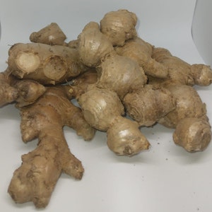 May include: A pile of fresh ginger root, a popular ingredient in Asian cuisine, with a light brown colour and knobby texture.