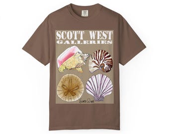 Seashell Painting TShirt Tee Shirt, California Sand Dollar T-Shirt, Fiji Nautilus,  Giant Pink Queen Conch, Big Sur Fanshell,