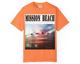 Mission Beach Flying Pelicans Unisex T-Shirt | Beach Lover Tee, Casual Summer Wear, Vacation Shirt, Gift for Beachgoers, Relaxed Fit T-Shirt